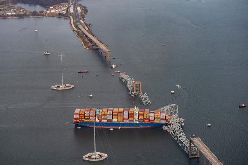 The Dali container vessel after striking the Francis Scott Key Bridge that collapsed into the Patapsco River in Baltimore, Maryland, US, on Tuesday, March 26, 2024. The commuter bridge collapsed after being struck by a container ship, causing vehicles to plunge into the water and halting shipping traffic at one of the most important ports on the US East Coast. Photographer: Al Drago/Bloomberg