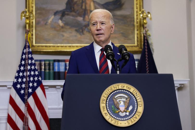 President Joe Biden delivers remarks on the collapse of the Francis Scott Key Bridge in Baltimore from the Roosevelt Room of the White House on March 26, 2024 in Washington, D.C. The 4-lane bridge collapsed into the Patapsco River after cargo ship collided with the bridge over night. Multiple vehicles were on the bridge when it collapsed and 6 still remain unaccounted for. (Photo by Samuel Corum/Pool/ABACAPRESS.COM).