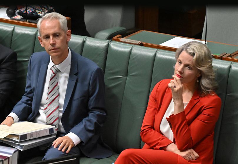 Minister for Immigration Andrew Giles and Minister for Home Affairs Clare O’Neil during a division in the House of Representatives at Parliament House in Canberra, Tuesday, March 26, 2024. (AAP Image/Mick Tsikas) NO ARCHIVING