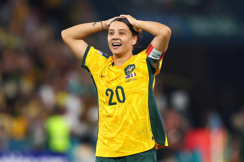 Sam Kerr #20 of Australia celebrates winning on penalties  the FIFA Women's World Cup 2023 Quarter-Final match Australia Women vs France Women at Suncorp Stadium, Brisbane, Australia, 12th August 2023

(Photo by Patrick Hoelscher/News Images) in ,  on 8/12/2023. (Photo by Patrick Hoelscher/News Images/Sipa USA)