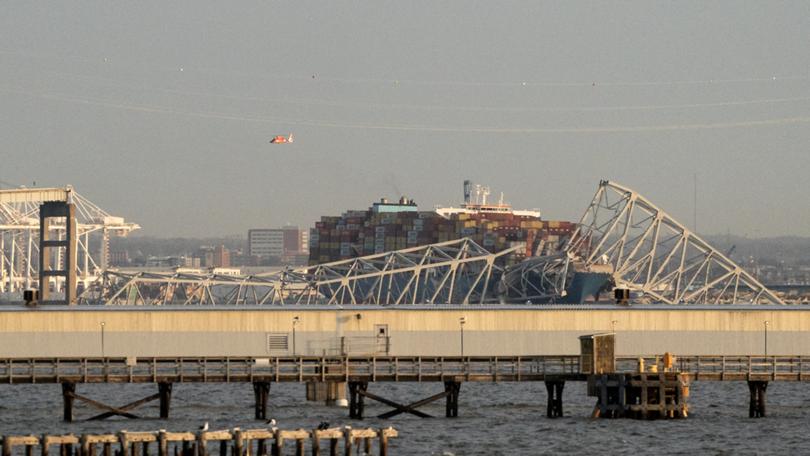 The wreckage of the Francis Scott Key bridge. 