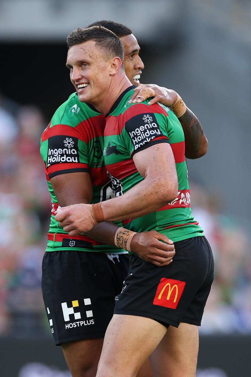 SYDNEY, AUSTRALIA - MARCH 29: Jack Wighton of the Rabbitohs and Michael Chee Kam of the Rabbitohs celebrate winning the round four NRL match between South Sydney Rabbitohs and Canterbury Bulldogs at Accor Stadium, on March 29, 2024, in Sydney, Australia. (Photo by Cameron Spencer/Getty Images)