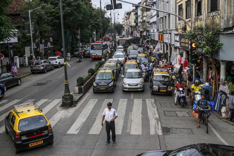 Traffic seen from an open-top double-decker bus in Mumbai, India.