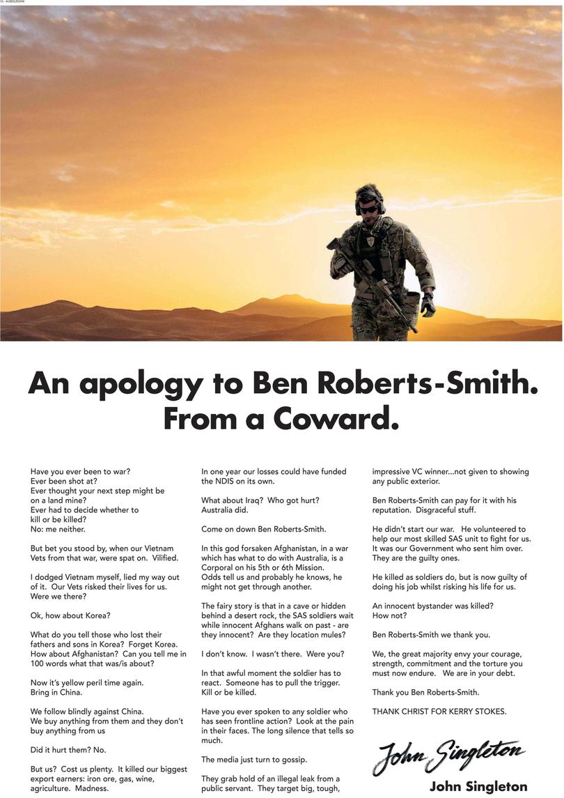 John Singleton took out a full page ad in The Australian apologising to Ben Roberts-Smith 