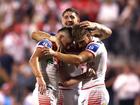 The Dragons have bounced back from their embarrassing defeat to the Cowboys to beat Manly 20-12 at home. Zac Lomax embraces his teammates.