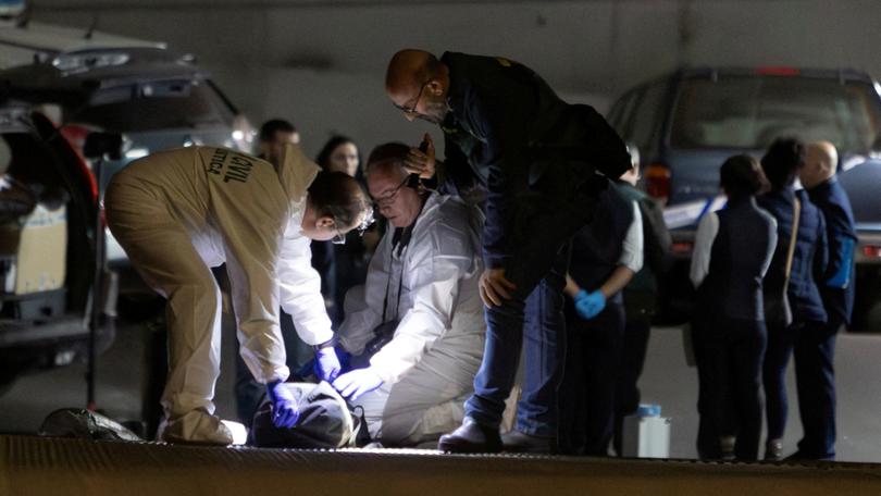 Spanish Civil Guard officers investigate the garage where the body of Russian pilot Maxim Kuzminov was found after he was shot dead.