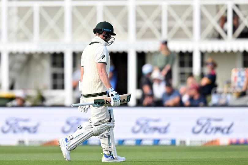 CHRISTCHURCH, NEW ZEALAND - MARCH 10: Steve Smith of Australia looks dejected after being dismissed by Matt Henry of New Zealand during day three of the Second Test in the series between New Zealand and Australia at Hagley Oval on March 10, 2024 in Christchurch, New Zealand. (Photo by Kai Schwoerer/Getty Images)