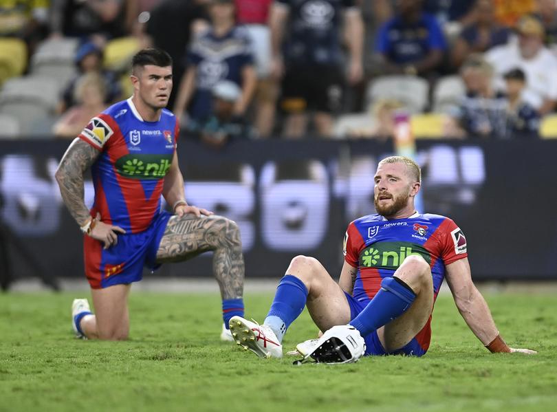 TOWNSVILLE, AUSTRALIA - MARCH 16: Jackson Hastings of the Knights looks dejected after losing the round two NRL match between North Queensland Cowboys and Newcastle Knights at Qld Country Bank Stadium, on March 16, 2024, in Townsville, Australia. (Photo by Ian Hitchcock/Getty Images)
