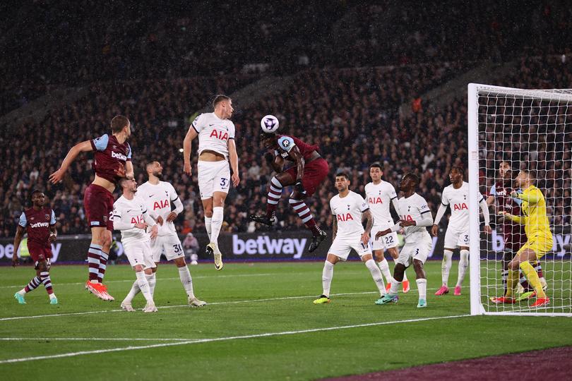 LONDON, ENGLAND - APRIL 02: Kurt Zouma of West Ham United scores his team's first goal during the Premier League match between West Ham United and Tottenham Hotspur at the London Stadium on April 02, 2024 in London, England. (Photo by Julian Finney/Getty Images)