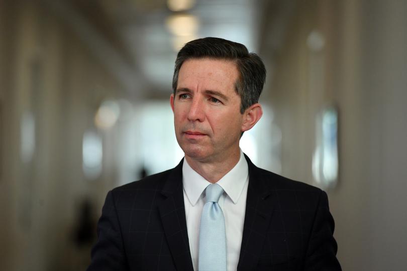 Minister for Finance Simon Birmingham at a press conference at Parliament House in Canberra, Tuesday, October 26, 2021. (AAP Image/Mick Tsikas) NO ARCHIVING