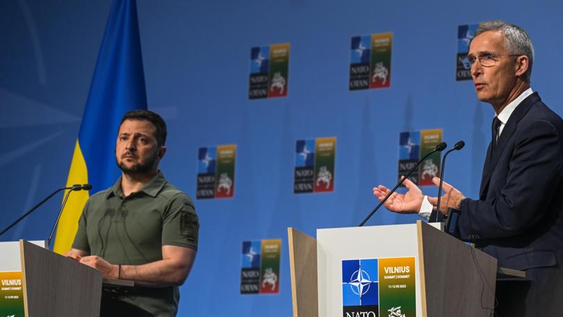 Secretary General of NATO Jens Stoltenberg, right, and President of Ukraine Volodymyr Zelenskyy.