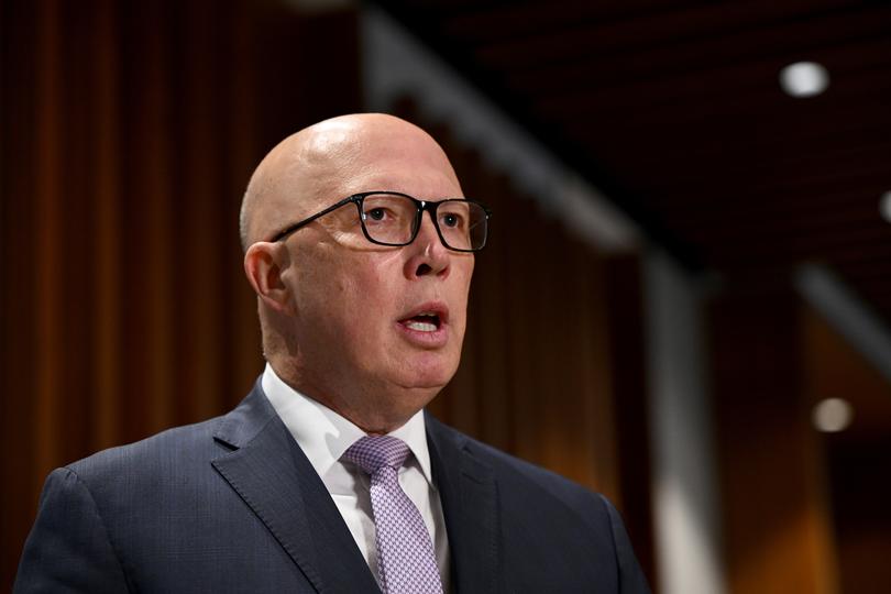 Federal Opposition Leader Peter Dutton speaks to the media during a press conference at a summit of small business owners and groups at the Sofitel Sydney Darling Harbour in Sydney, Wednesday, April 3, 2024. (AAP Image/Bianca De Marchi) NO ARCHIVING