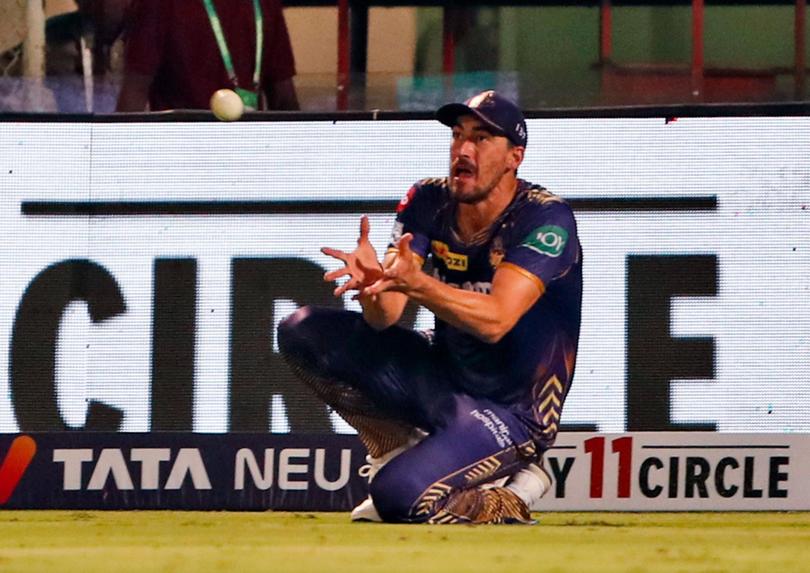 Mitchell Starc takes the catch of Delhi Capitals' Tristan Stubbs.