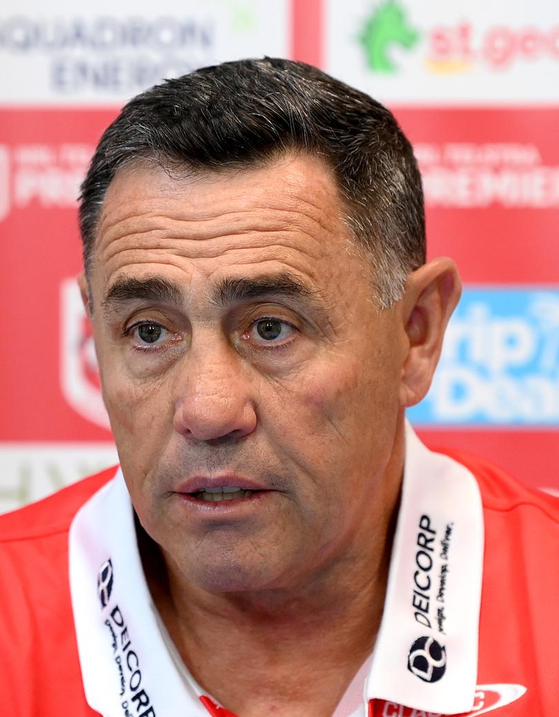 GOLD COAST, AUSTRALIA - MARCH 09: Shane Flanagan, head coach of the Dragons, gives a smile as he speaks after the round one NRL match between the Gold Coast Titans and St George Illawarra Dragons at Cbus Super Stadium, on March 09, 2024, in Gold Coast, Australia. (Photo by Bradley Kanaris/Getty Images)