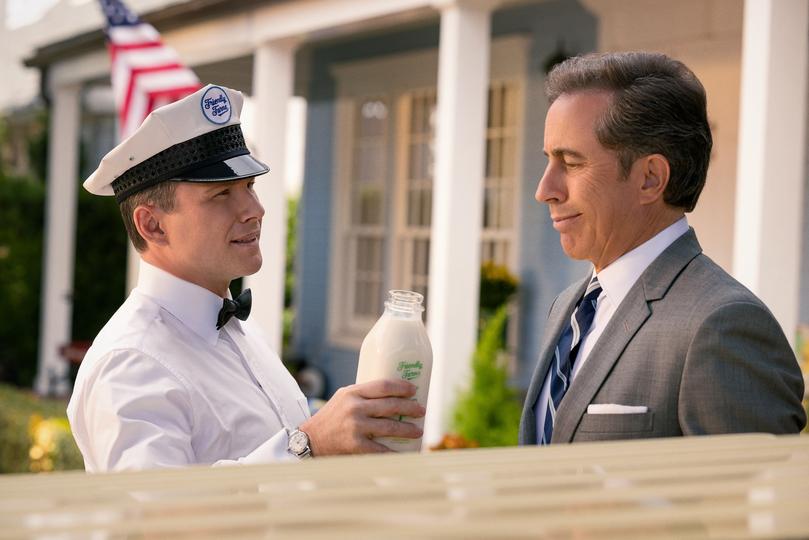 Unfrosted: The Pop-Tart Story - (L to R) Jim Gaffigan as Edsel Kellogg III, Jerry Seinfeld (Director) as Bob Cabana, Fred Armisen as Mike Puntz and Melissa McCarthy as Donna Stankowski in Unfrosted: The Pop-Tart Story. Cr. John P. Johnson / Netflix  2024.