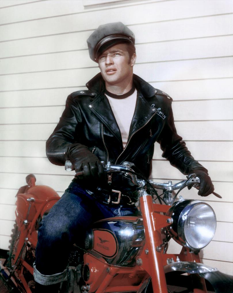 Marlon Brando on a Triumph motorcycle in a scene from the 1953 movie "The Wild One".