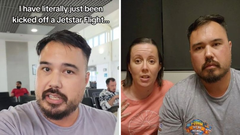 Jimmy Mitchell was about to board a flight from Sydney to Brisbane and decided to stop and take a quick snap of his wife Pauline and children on the aircraft’s staircase when he was pulled up for his behaviour by a Jetstar employee.