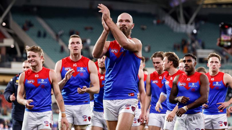 Max Gawn leads his team off the field.