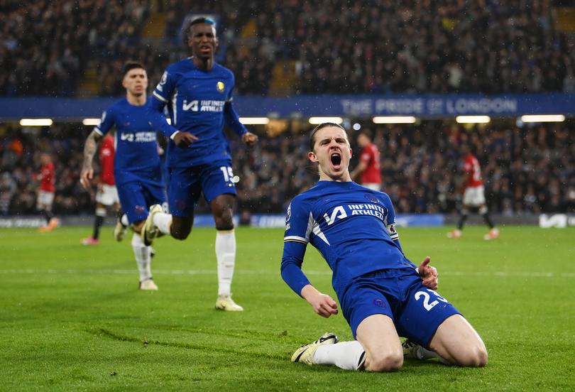 LONDON, ENGLAND - APRIL 04: Conor Gallagher of Chelsea celebrates scoring his team's first goal during the Premier League match between Chelsea FC and Manchester United at Stamford Bridge on April 04, 2024 in London, England. (Photo by Mike Hewitt/Getty Images) (Photo by Mike Hewitt/Getty Images)