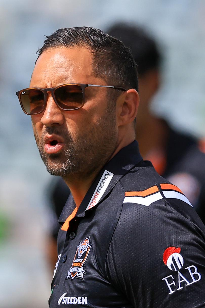 CANBERRA, AUSTRALIA - MARCH 16: Benji Marshall, new head coach of the Wests Tigers looks on during the NSW Cup ahead of the round two NRL match between Canberra Raiders and Wests Tigers at GIO Stadium, on March 16, 2024, in Canberra, Australia. (Photo by Jenny Evans/Getty Images)