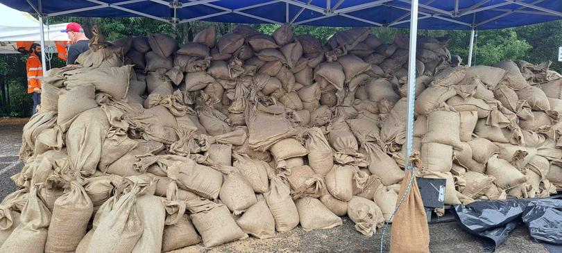 Sand bags stacked up in Gosford to prepare for flooding.