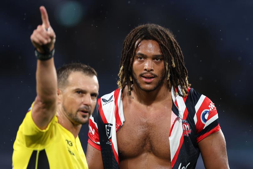 SYDNEY, AUSTRALIA - APRIL 05:  Dominic Young of the Roosters is sent off by referee Grant Atkins after a high tackle on Blake Taaffe of the Bulldogs during the round five NRL match between Canterbury Bulldogs and Sydney Roosters at Accor Stadium on April 05, 2024, in Sydney, Australia. (Photo by Cameron Spencer/Getty Images)