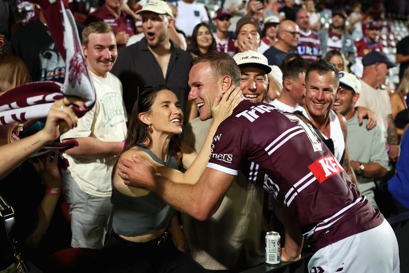 SYDNEY, AUSTRALIA - APRIL 06: Daly Cherry-Evans of the Sea Eagles celebrates with family and friends after playing his 310th match, winning the round five NRL match between Manly Sea Eagles and Penrith Panthers at 4 Pines Park, on April 06, 2024, in Sydney, Australia. (Photo by Cameron Spencer/Getty Images)
