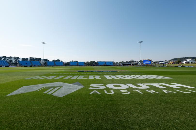 Gather Round grass signage is seen before the 2024 AFL Round 04 match between the West Coast Eagles and the Sydney Swans at Adelaide Hills.