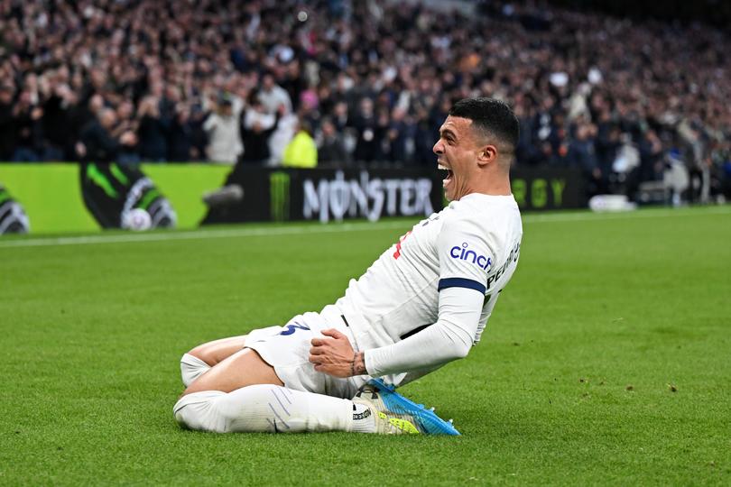 LONDON, ENGLAND - APRIL 07: Pedro Porro of Tottenham Hotspur celebrates scoring his team's third goal during the Premier League match between Tottenham Hotspur and Nottingham Forest at Tottenham Hotspur Stadium on April 07, 2024 in London, England. (Photo by Mike Hewitt/Getty Images)