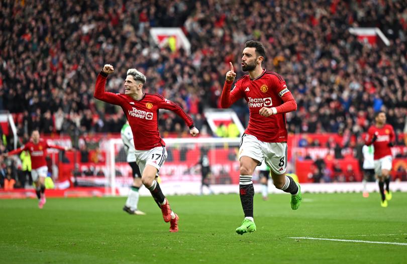 MANCHESTER, ENGLAND - APRIL 07: Bruno Fernandes of Manchester United celebrates scoring his team's first goal during the Premier League match between Manchester United and Liverpool FC at Old Trafford on April 07, 2024 in Manchester, England. (Photo by Shaun Botterill/Getty Images)