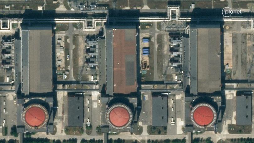 This image provided by Planet Labs PBC shows the Zaporizhzhia Nuclear Power Plant in Southern Ukraine on Wednesday, July 5, 2023. Ukraine and Russia are accusing each other of planning to attack one of the world's largest nuclear power plants. But neither side provided evidence to support their claims of an imminent threat to the facility in southeastern Ukraine that is occupied by Russian troops. (Planet Labs PBC via AP)
