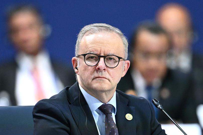 MELBOURNE, AUSTRALIA - MARCH 6: Australian Prime Minister Anthony Albanese (centre) gives an address to the Leaders Plenary during the 2024 ASEAN-Australia Special Summit at the Melbourne Convention and Exhibition Centre in Melbourne, Wednesday, March 6, 2024. (Photo by Joel Carrett - Pool/Getty Images)