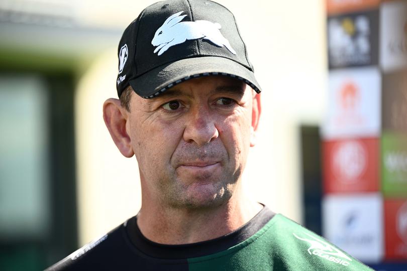 Rabbitohs coach Jason Demetriou addresses media during a South Sydney Rabbitohs NRL press conference with CEO Blake Solly, at USANA Rabbitohs Centre, in Sydney, Wednesday, August 23, 2023. Sam Burgess’ time at South Sydney is over after the assistant coach left training early on Wednesday morning. (AAP Image/Dan Himbrechts) NO ARCHIVING