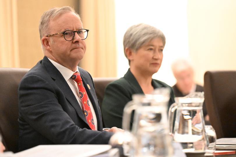Australian Prime Minister Anthony Albanese (left) and Australian Foreign Minister Penny Wong during a Cabinet meeting in Melbourne, Monday, March 4, 2024. (AAP Image/James Ross) NO ARCHIVING