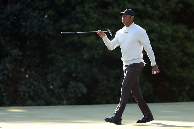 AUGUSTA, GEORGIA - APRIL 08: Tiger Woods of the United States walks on the 11th green during a practice round prior to the 2024 Masters Tournament at Augusta National Golf Club on April 08, 2024 in Augusta, Georgia. (Photo by Warren Little/Getty Images)