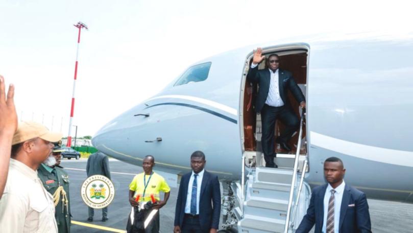 Sierra Leone's President leaving for Brussells last year in an image taken from his official Facebook accoun