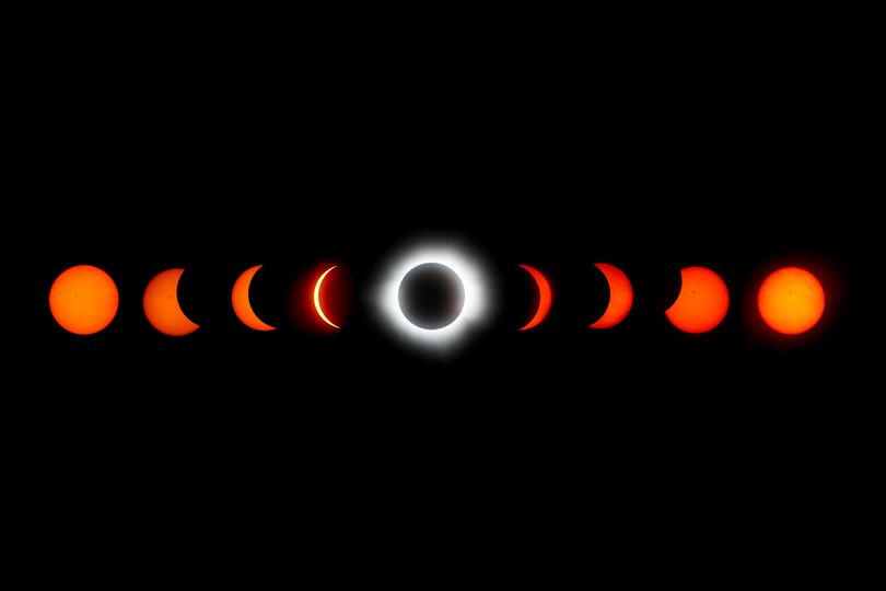 The eclipse is seen using nine interval timer photos to show the full evolution of eclipse in Mazatlan, Mexico.