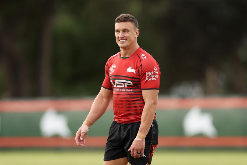 SYDNEY, AUSTRALIA - APRIL 09:  Jack Wighton of the Rabbitohs looks on during a South Sydney Rabbitohs NRL training session at USANA Rabbitohs Centre on April 09, 2024 in Sydney, Australia.  (Photo by Matt King/Getty Images)