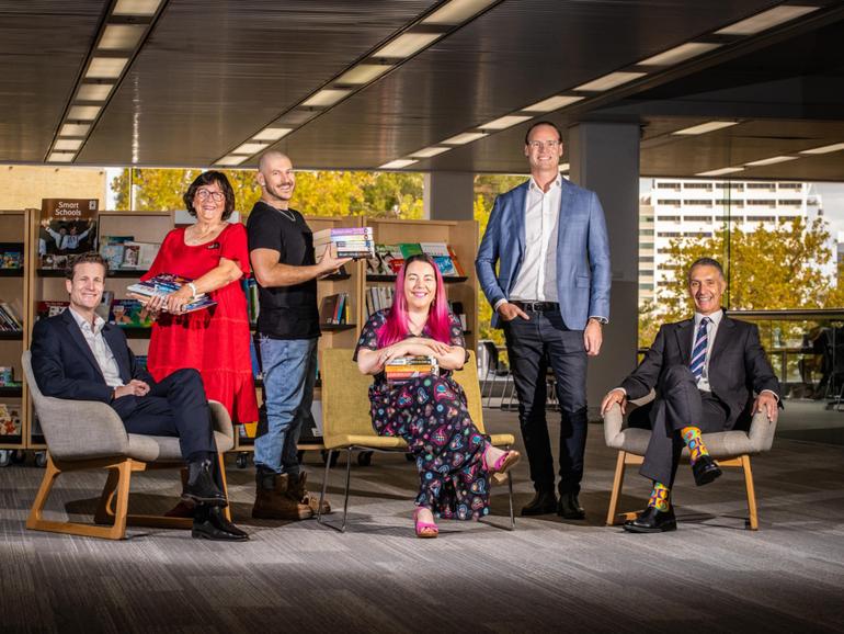 The Best Australian Yarn judges: Seven West Media’s Director of News and Current Affairs and Editor-in-Chief Anthony de Ceglie, Children's Book Council of WA's Kris Williams, author Holden Sheppard, author Rachael Johns, Navitas chief executive Scott Jones and Education Minister Tony Buti. 
