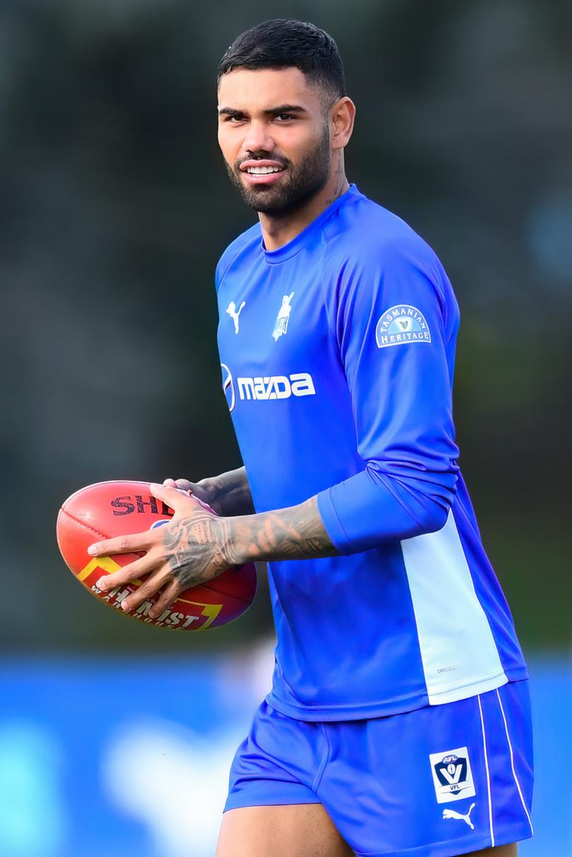 MELBOURNE, AUSTRALIA - MAY 7: Tarryn Thomas of the Kangaroos warms up during the round seven VFL match between the North Melbourne Kangaroos and the Sandringham Zebras at Arden Street Ground on May 7, 2023 in Melbourne, Australia. (Photo by Josh Chadwick/Getty Images)