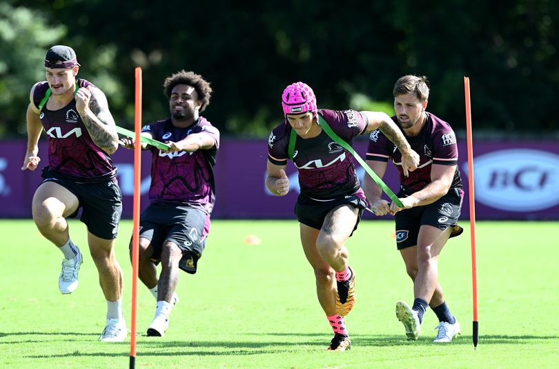 BRISBANE, AUSTRALIA - APRIL 08: Reece Walsh competes in a training drill during a Brisbane Broncos NRL training session at Clive Berghofer Field on April 08, 2024 in Brisbane, Australia. (Photo by Bradley Kanaris/Getty Images)