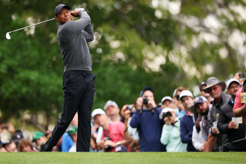 AUGUSTA, GEORGIA - APRIL 09: Tiger Woods of the United States plays his shot from the fourth tee during a practice round prior to the 2024 Masters Tournament at Augusta National Golf Club on April 09, 2024 in Augusta, Georgia. (Photo by Andrew Redington/Getty Images)