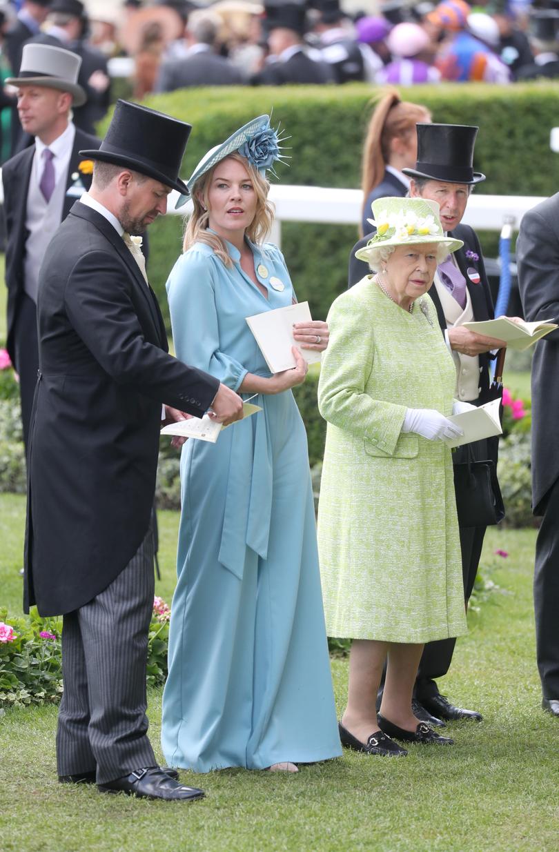 Peter Phillips, Autumn Phillips and Queen Elizabeth at  Royal Ascot in 2019.
