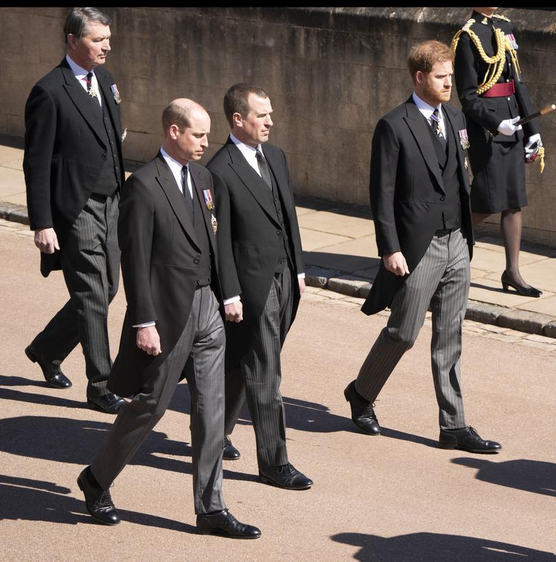 Prince William, Peter Phillips, Prince Harry follow Prince Philip, Duke of Edinburgh's coffin.