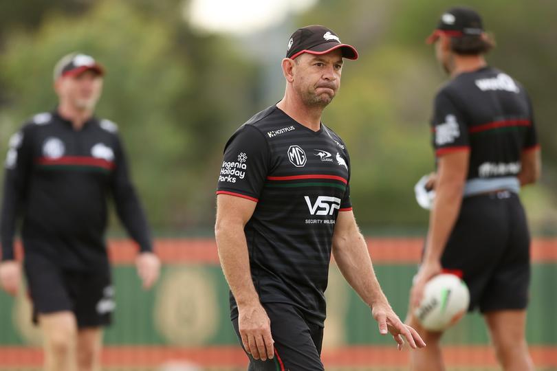 SYDNEY, AUSTRALIA - APRIL 09:  Rabbitohs head coach Jason Demetriou looks on during a South Sydney Rabbitohs NRL training session at USANA Rabbitohs Centre on April 09, 2024 in Sydney, Australia.  (Photo by Matt King/Getty Images)