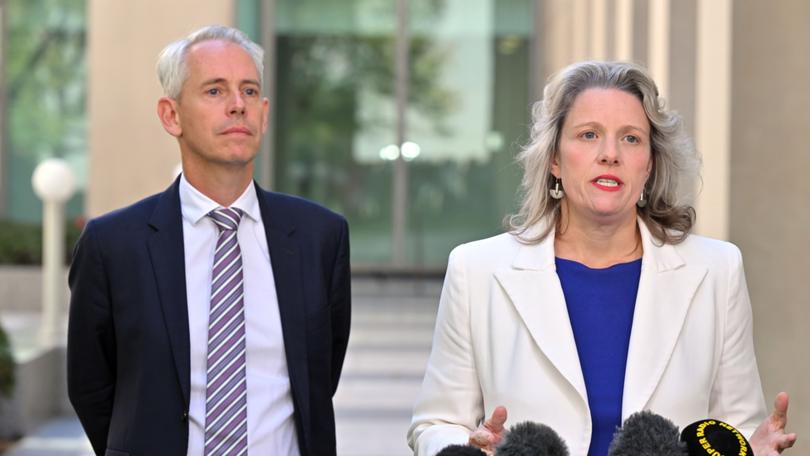 Minister for Immigration Andrew Giles and Minister for Home Affairs Clare O’Neil at a press conference at Parliament House in Canberra, Wednesday, March 27, 2024. (AAP Image/Mick Tsikas) NO ARCHIVING