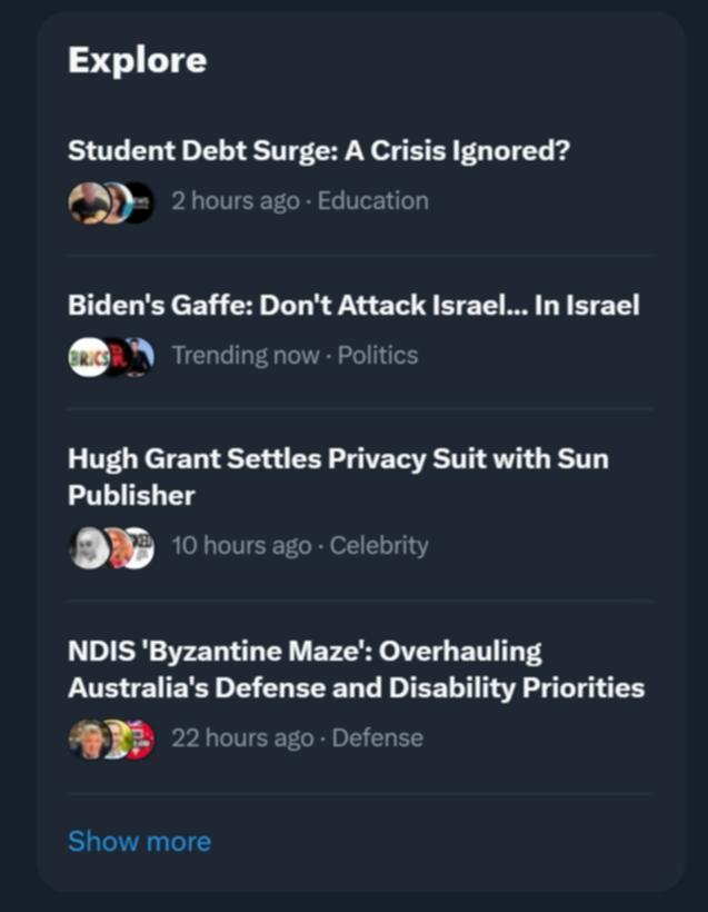 X's new Explore tab, with AI generated headlines and stories.