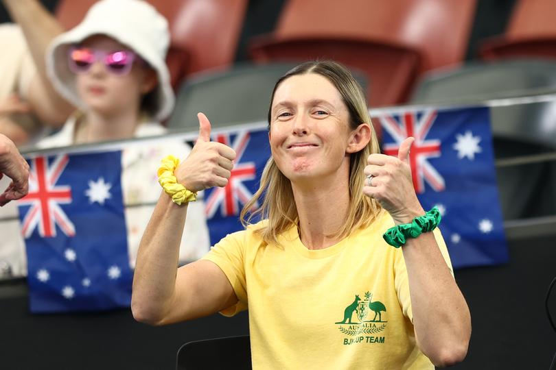 BRISBANE, AUSTRALIA - APRIL 12: Storm Hunter of Australia sits injured court side during the Billie Jean King Cup Qualifier tie between Australia and Mexico at Pat Rafter Arena on April 12, 2024 in Brisbane, Australia. (Photo by Chris Hyde/Getty Images)
