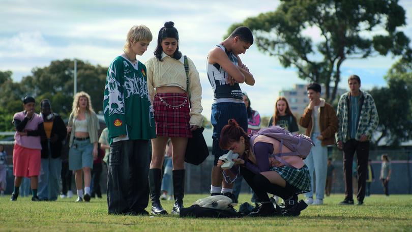 Heartbreak High S2. (L to R) Asher Yasbincek as Harper,  Ayesha Madon as Amerie, James Majoos as Darren, Chloe Hayden as Quinni  in Heartbreak High S2. Cr. Courtesy of Netflix  2024