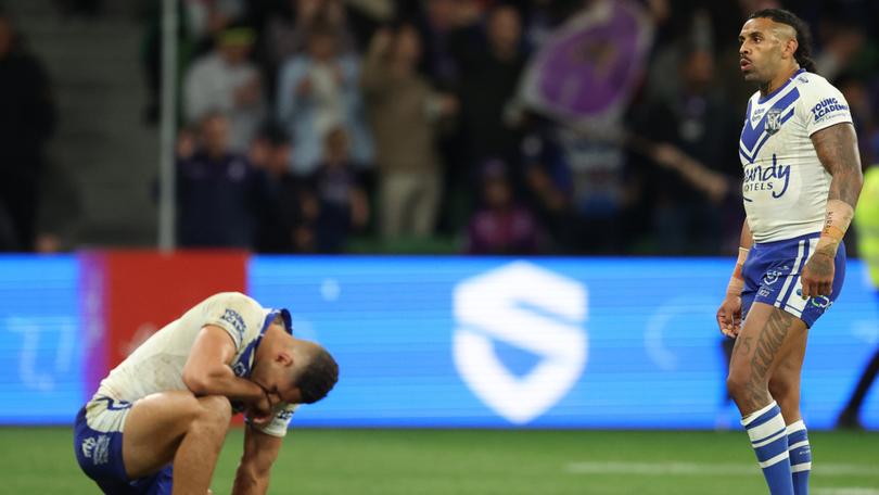 Josh Addo-Carr and Jacob Kiraz Bulldogs react on the siren after the Bulldogs were defeated by the Storm after leading 14-10 in the last 10 minutes.